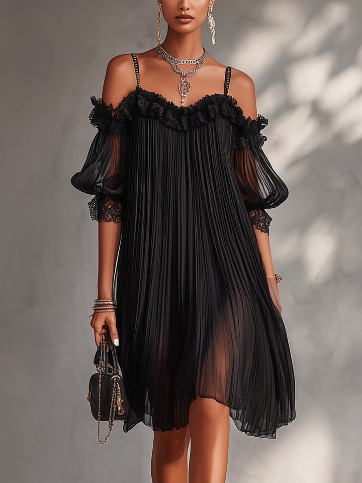 Margaret | Black Chiffon Mini Dress with Off-Shoulder Design and Lace Detail