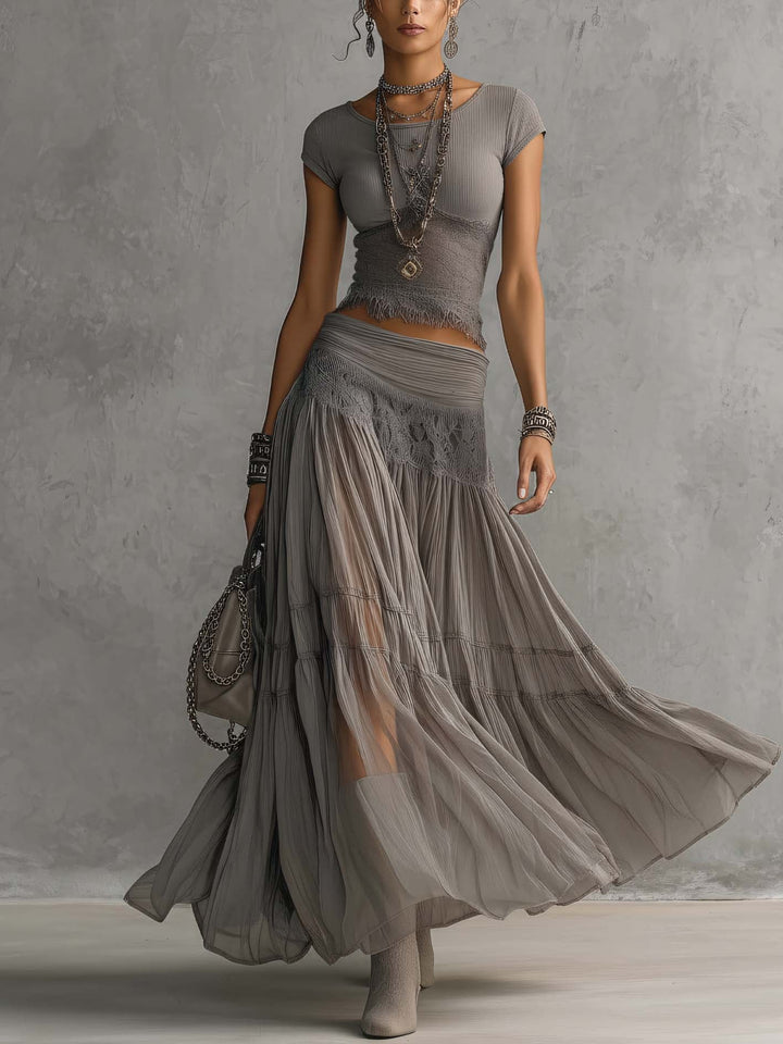Genevieve Complete Set — Sheer Top with Pleated Skirt