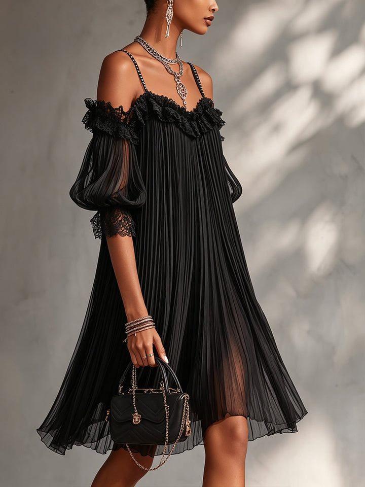 Margaret | Black Chiffon Mini Dress with Off-Shoulder Design and Lace Detail