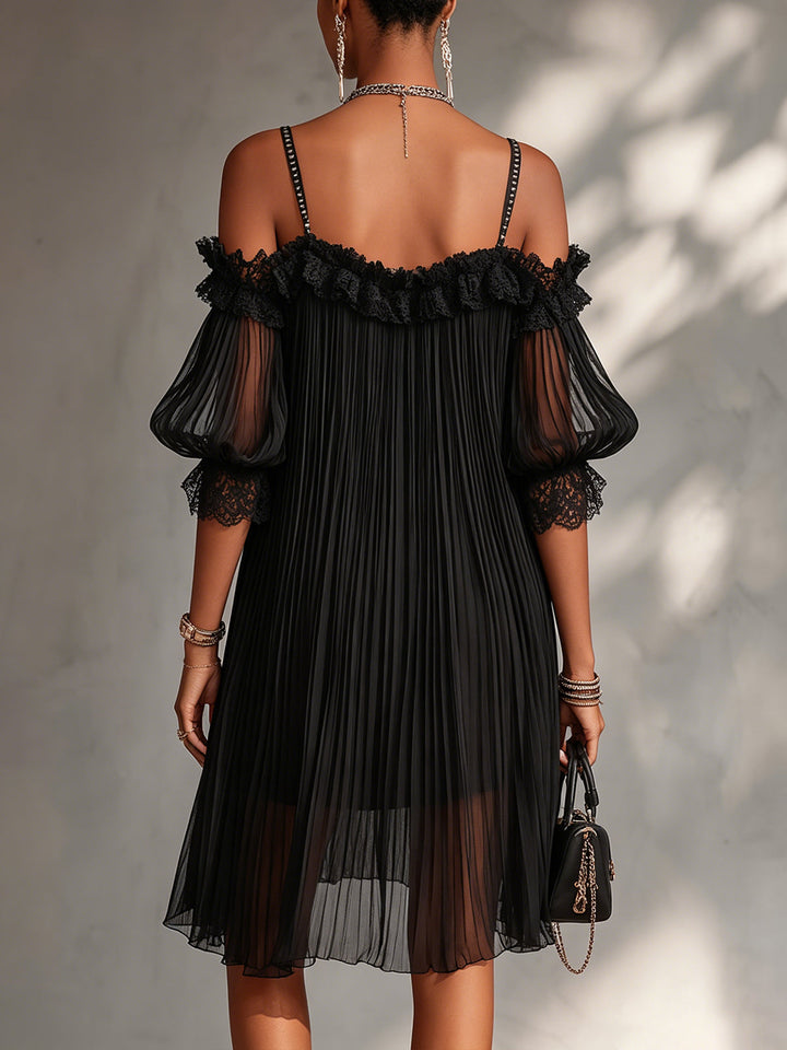 Margaret | Black Chiffon Mini Dress with Off-Shoulder Design and Lace Detail