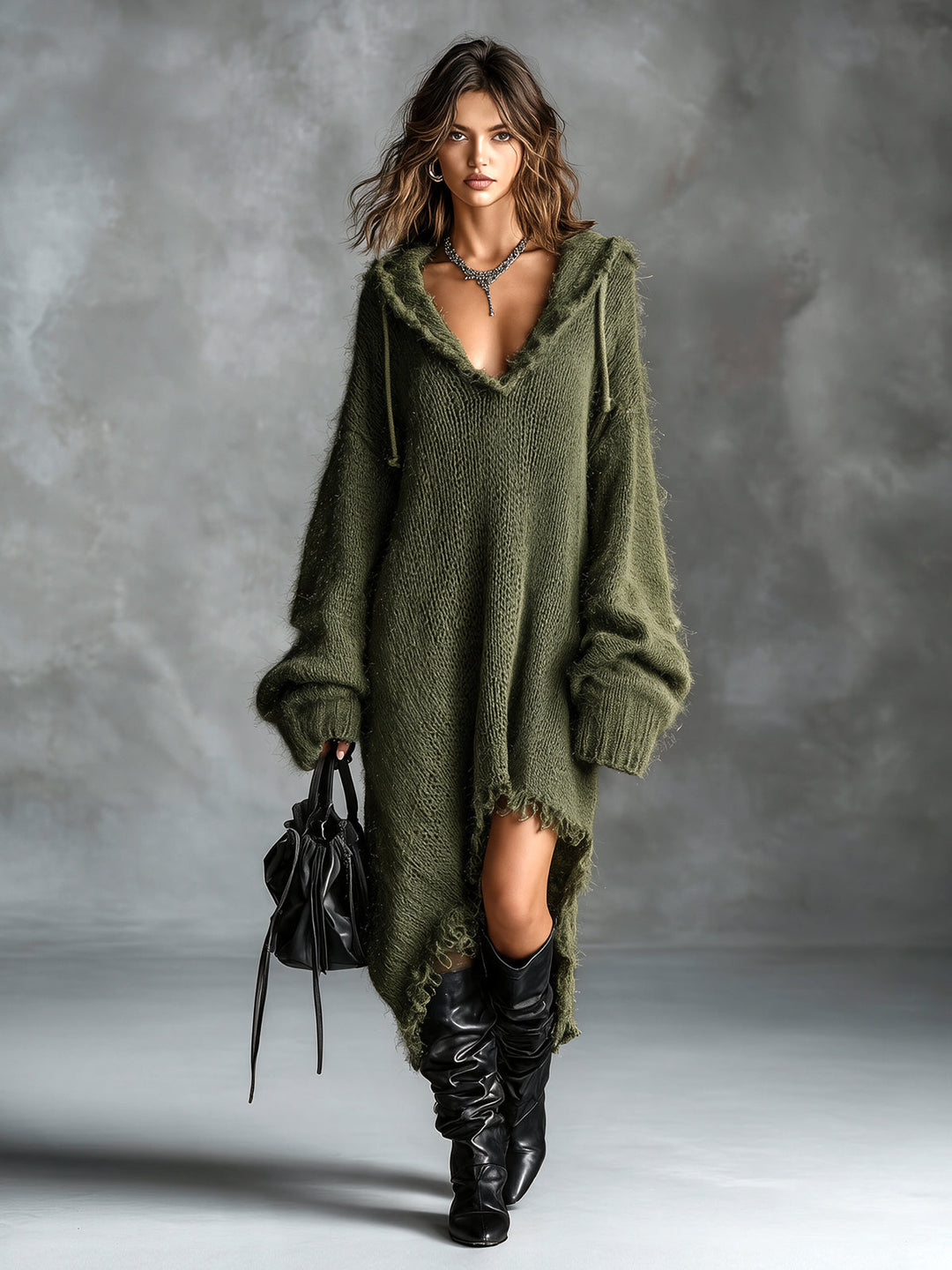 ElevenOra Chic Elegant Brown Hooded-Collar Dropped Shoulder Long-Sleeve Asymmetrical Hem Raw Edge Detail Oversize Fuzzy Knit Midi Dress