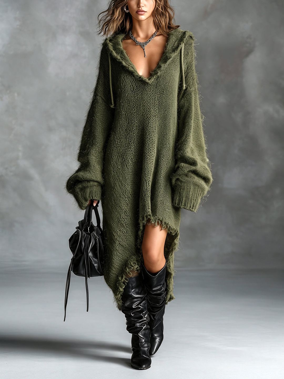 ElevenOra Chic Elegant Brown Hooded-Collar Dropped Shoulder Long-Sleeve Asymmetrical Hem Raw Edge Detail Oversize Fuzzy Knit Midi Dress
