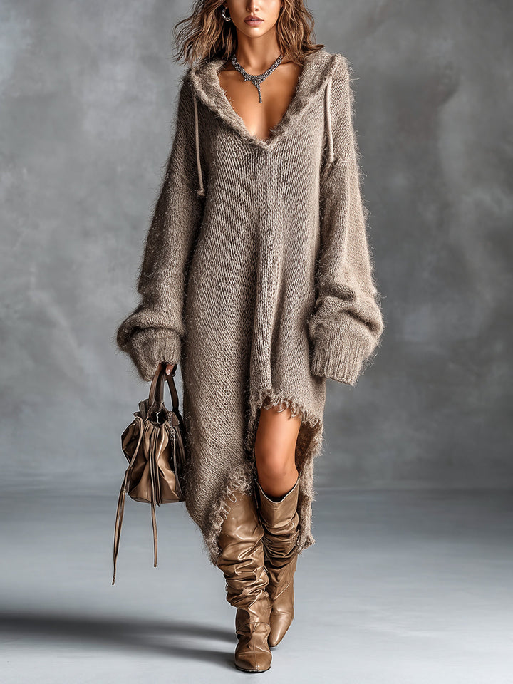 ElevenOra Chic Elegant Brown Hooded-Collar Dropped Shoulder Long-Sleeve Asymmetrical Hem Raw Edge Detail Oversize Fuzzy Knit Midi Dress
