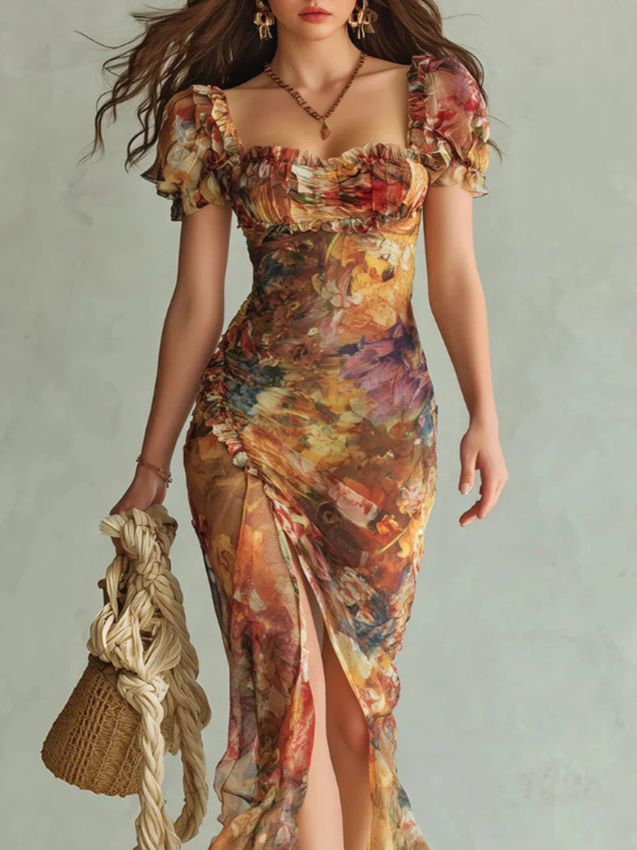 Elegant Maxi Dress with Square Neckline, Short Sleeves, and Floral Stripes