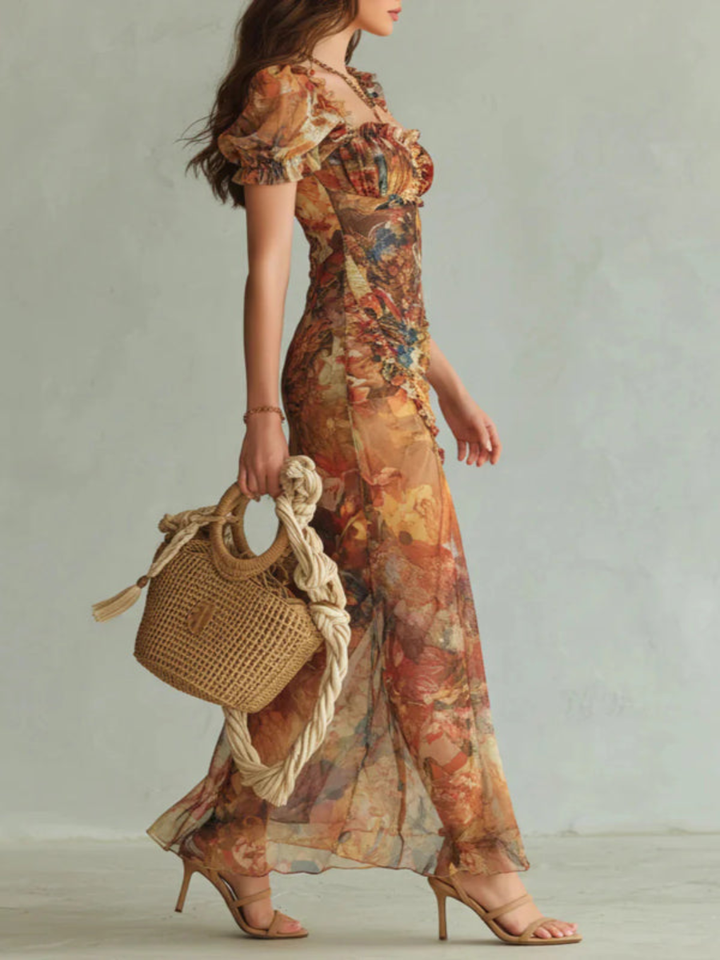 Elegant Maxi Dress with Square Neckline, Short Sleeves, and Floral Stripes