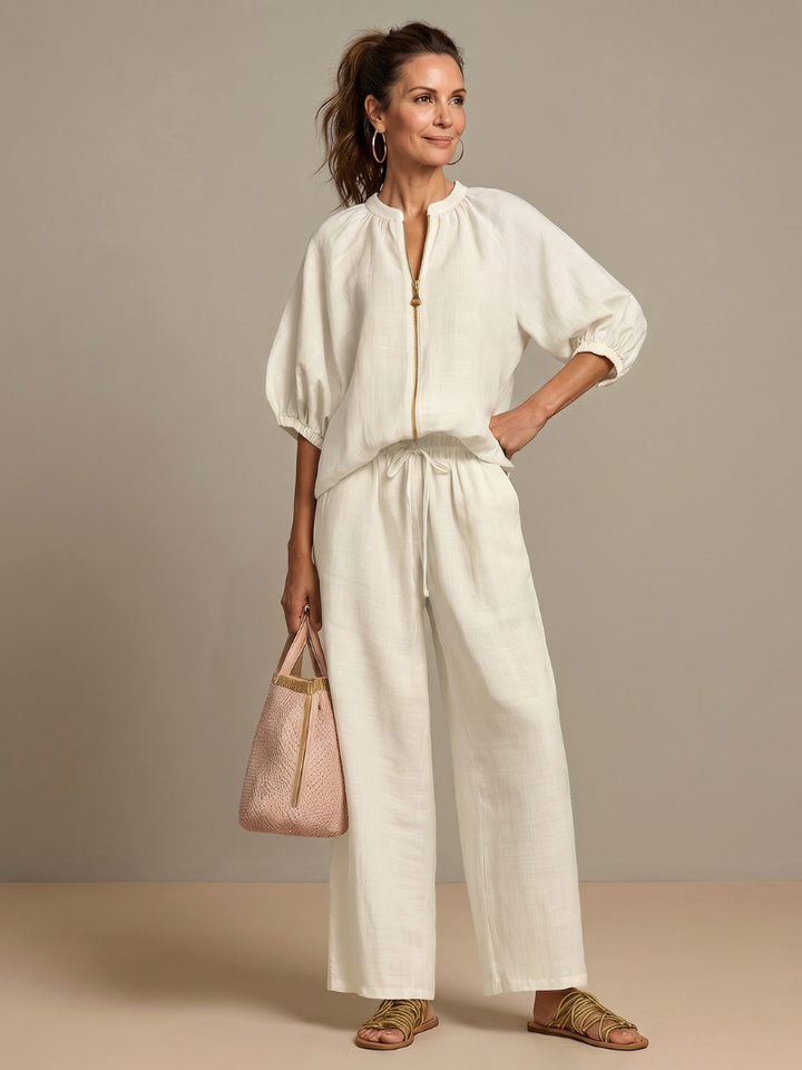 Natalia | Blouson Top with Zip and Wide Leg Pants