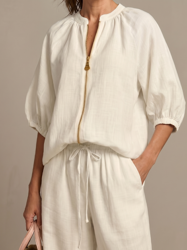 Natalia | Blouson Top with Zip and Wide Leg Pants