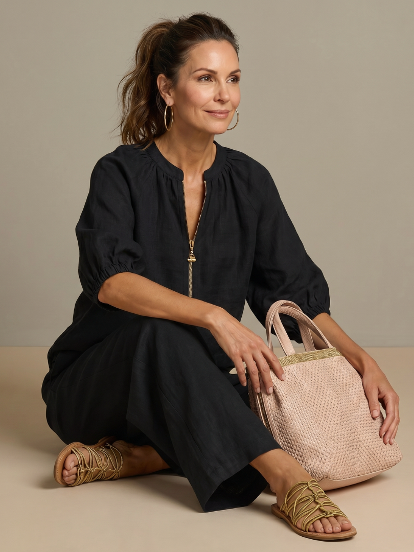 Natalia | Blouson Top with Zip and Wide Leg Pants