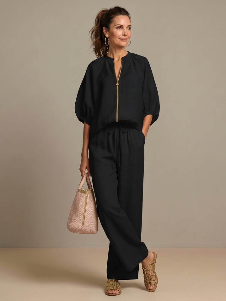 Natalia | Blouson Top with Zip and Wide Leg Pants