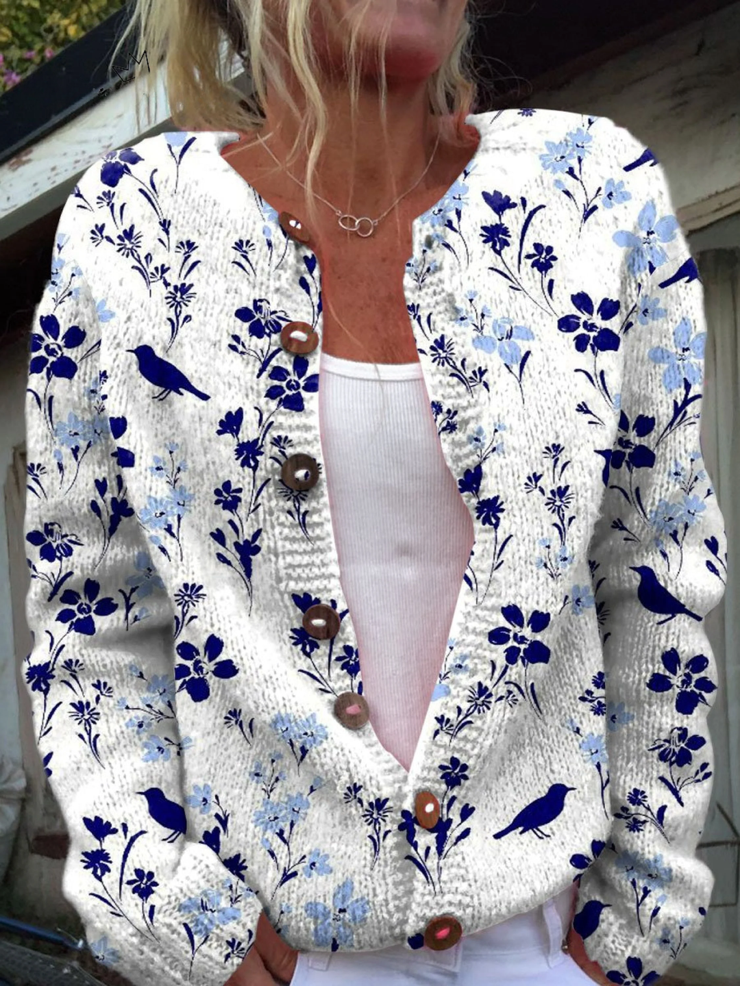 Vynora™ | Vintage Floral Bird Print Button-Front Cardigan