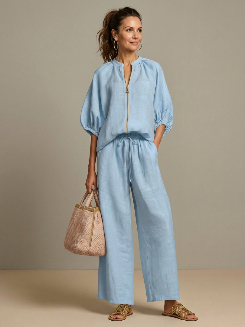 Natalia | Blouson Top with Zip and Wide Leg Pants