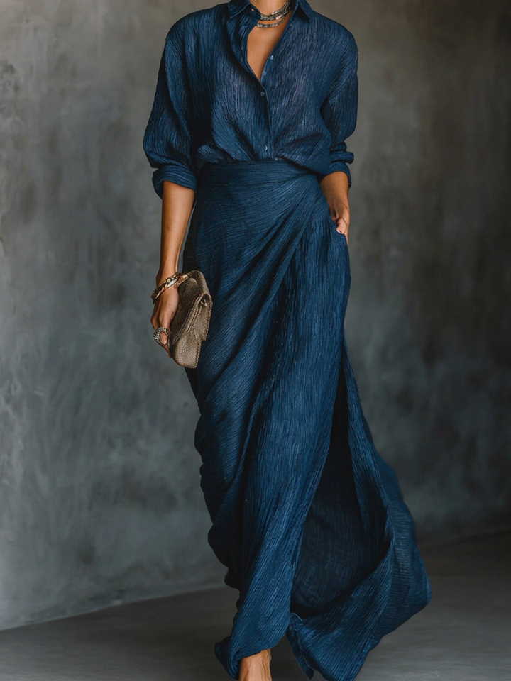 Long Sleeve Shirt Set with Collar and Elegant Solid Color Maxi Pleated Skirt