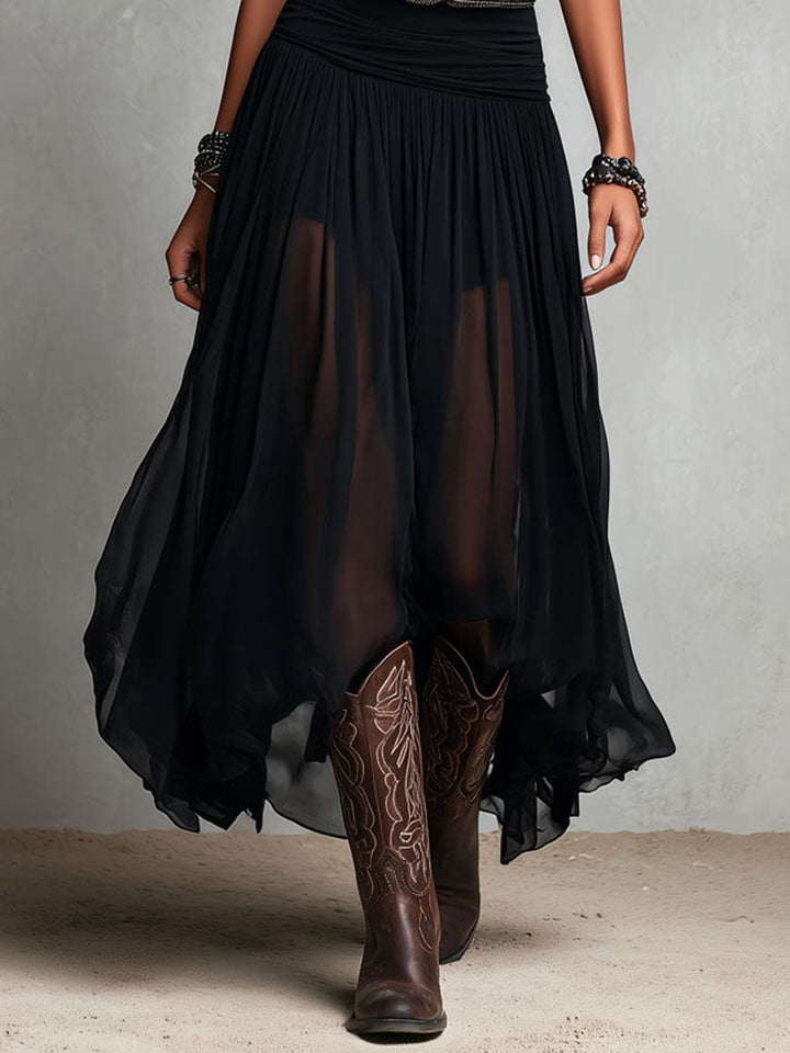 Black Boho Western Stretchy Maxi Dress with Sheer Skirt