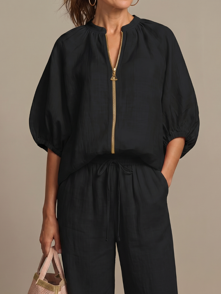 Natalia | Blouson Top with Zip and Wide Leg Pants