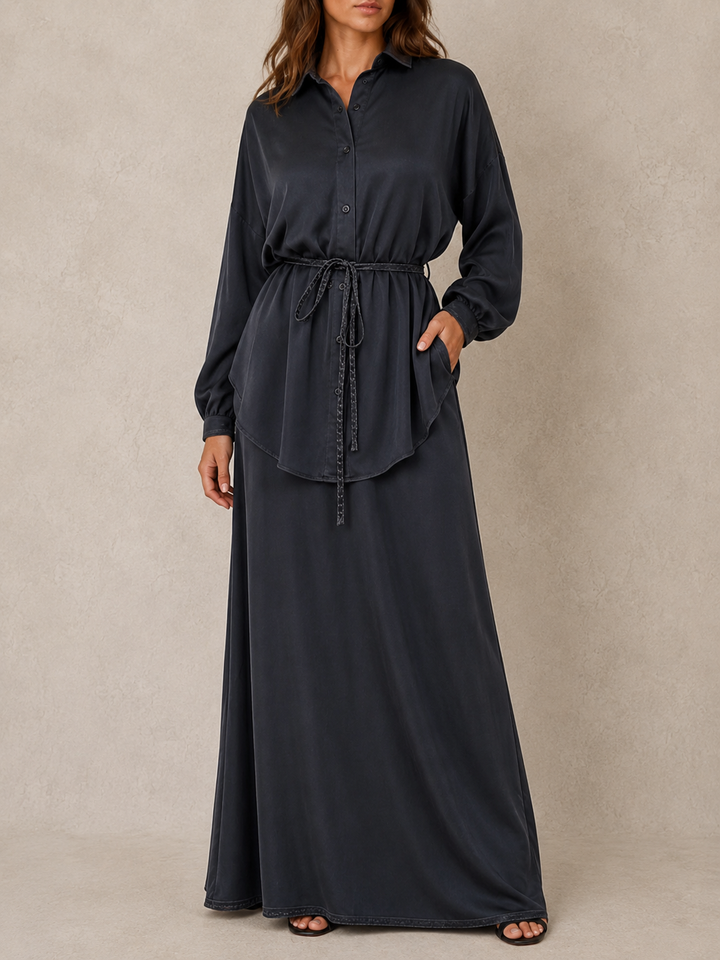 Long Sleeve Tie-Front Shirt and Skirt Two-Piece Set
