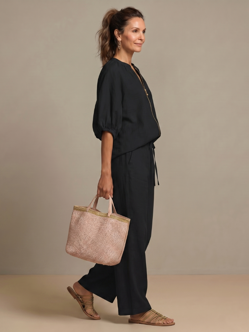 Natalia | Blouson Top with Zip and Wide Leg Pants