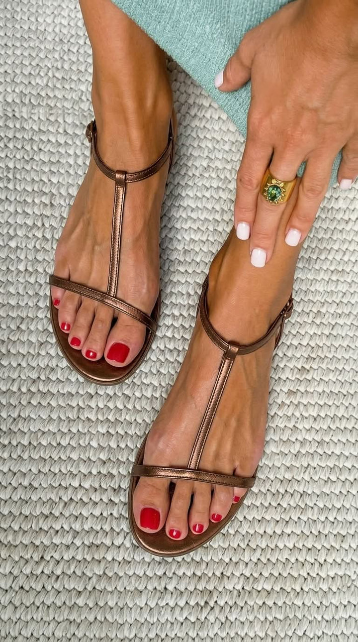 SCARLETT | Metallic T-Strap Flat Sandals