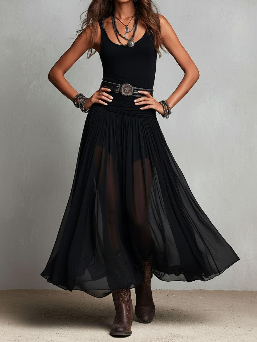 Black Boho Western Stretchy Maxi Dress with Sheer Skirt