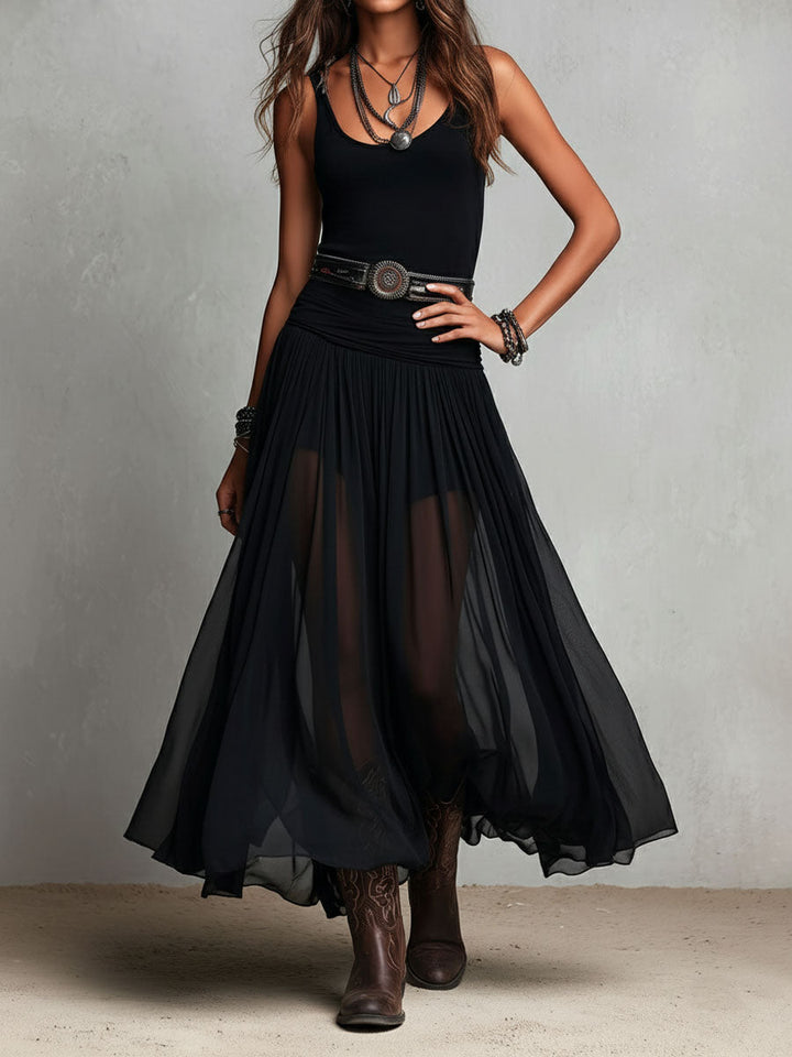 Black Boho Western Stretchy Maxi Dress with Sheer Skirt
