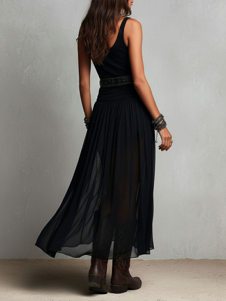 Black Boho Western Stretchy Maxi Dress with Sheer Skirt