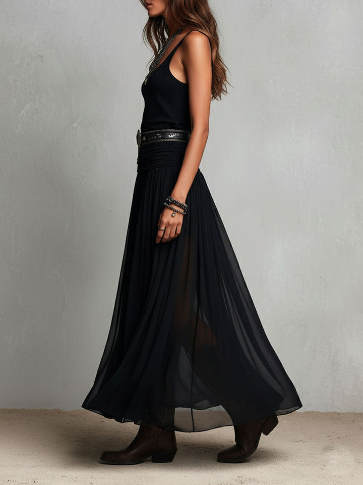 Black Boho Western Stretchy Maxi Dress with Sheer Skirt