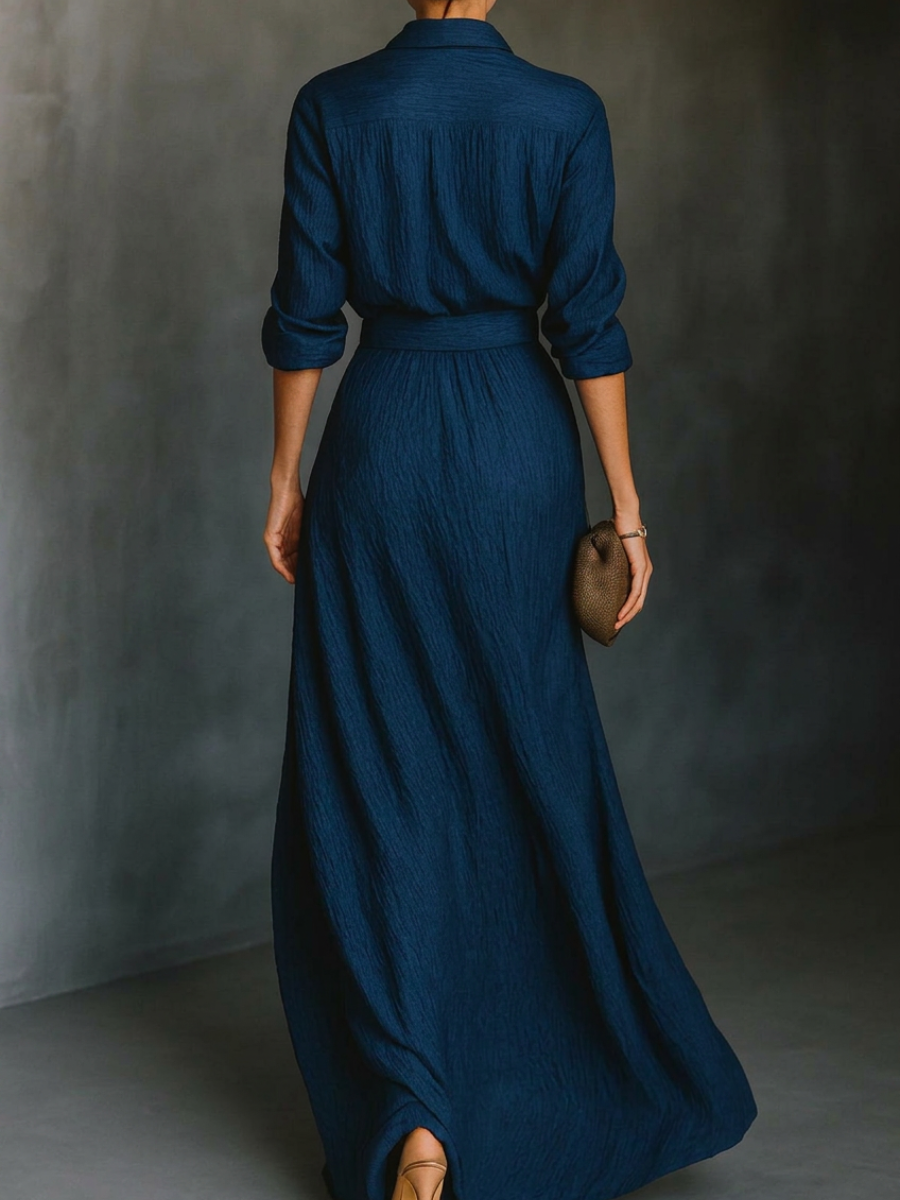 Long Sleeve Shirt Set with Collar and Elegant Solid Color Maxi Pleated Skirt