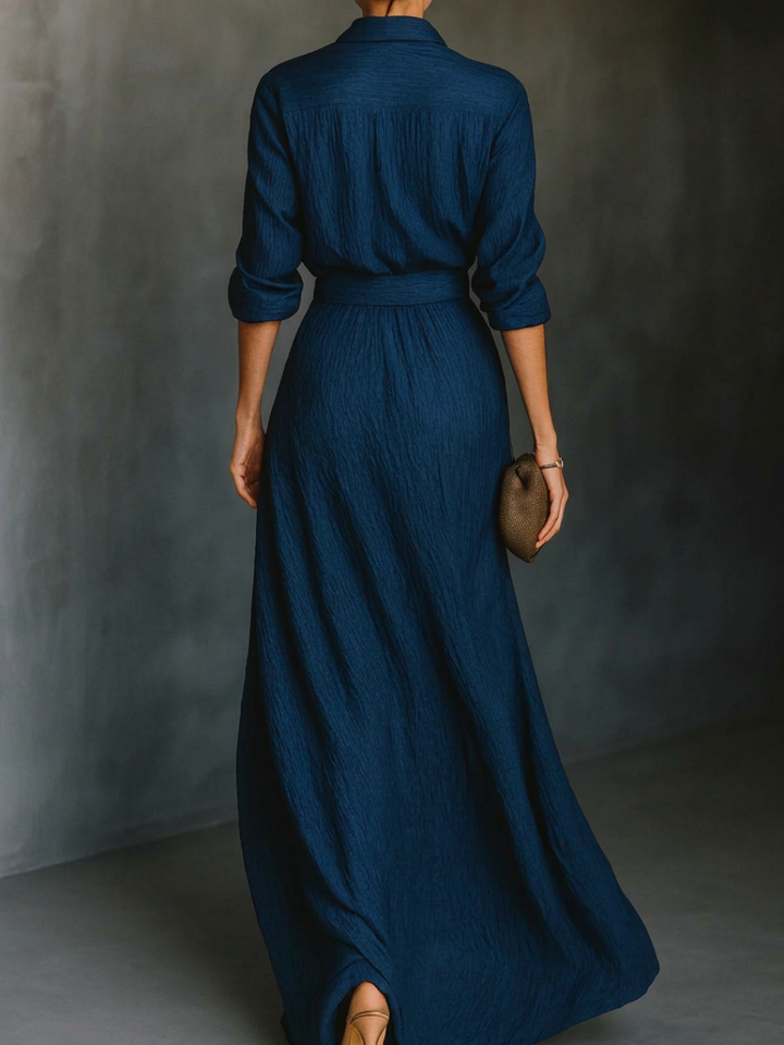 Long Sleeve Shirt Set with Collar and Elegant Solid Color Maxi Pleated Skirt