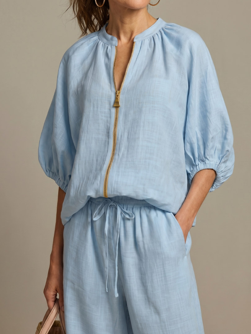 Natalia | Blouson Top with Zip and Wide Leg Pants