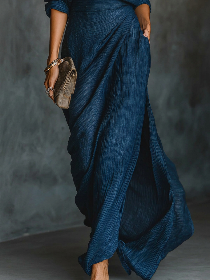 Long Sleeve Shirt Set with Collar and Elegant Solid Color Maxi Pleated Skirt