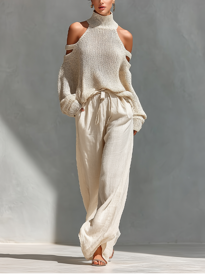 MARIA |  Knit Fabric Cold-Shoulder Turtleneck Top & Wide-Leg Pants Set