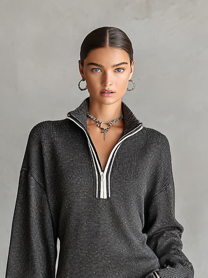 Mini Knit Dress with Polo Collar and Zipper