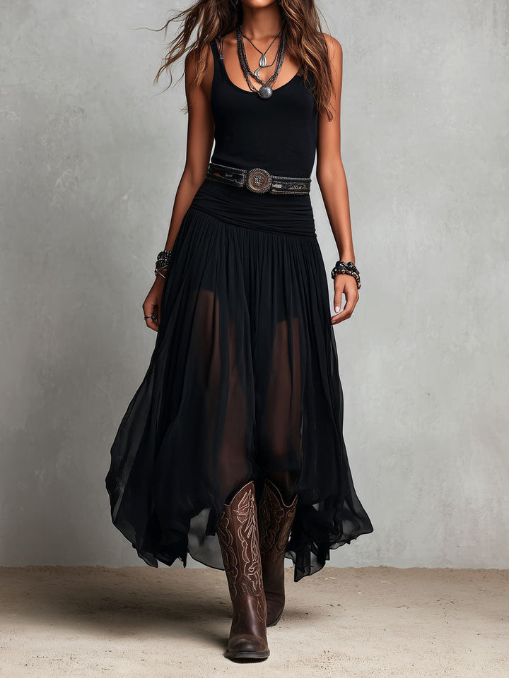 Black Boho Western Stretchy Maxi Dress with Sheer Skirt