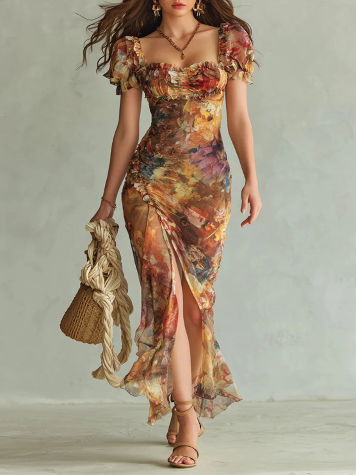 Elegant Maxi Dress with Square Neckline, Short Sleeves, and Floral Stripes