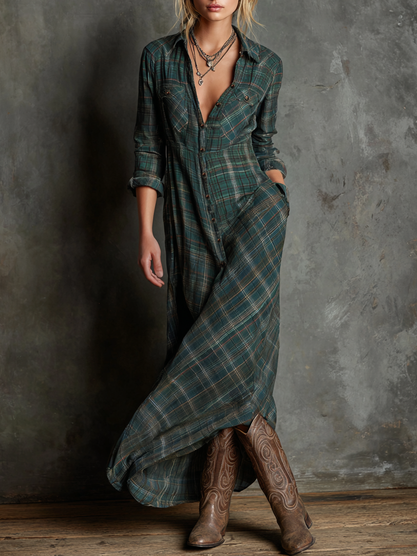 AliceLeon™ | Maxi Dress with Plaid and Collar