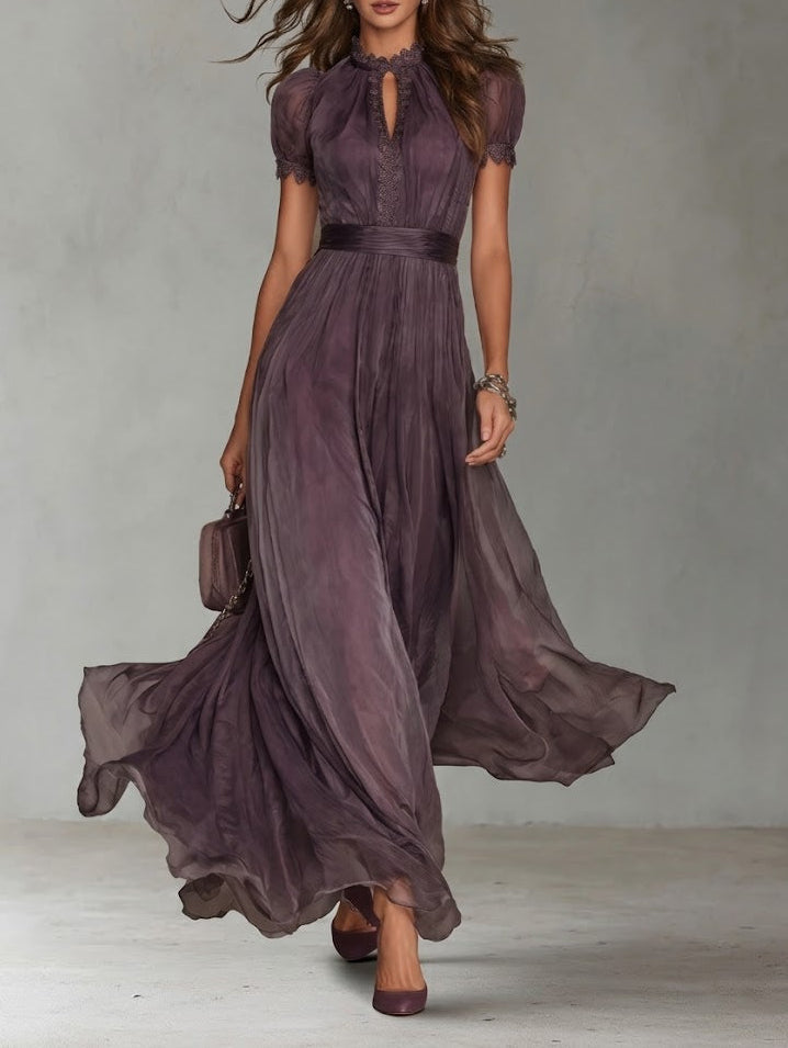 Flavia - Long Purple Dress with Drop Neckline and Chiffon Lace Trim