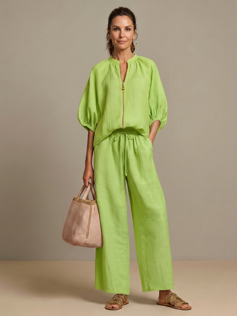 Natalia | Blouson Top with Zip and Wide Leg Pants