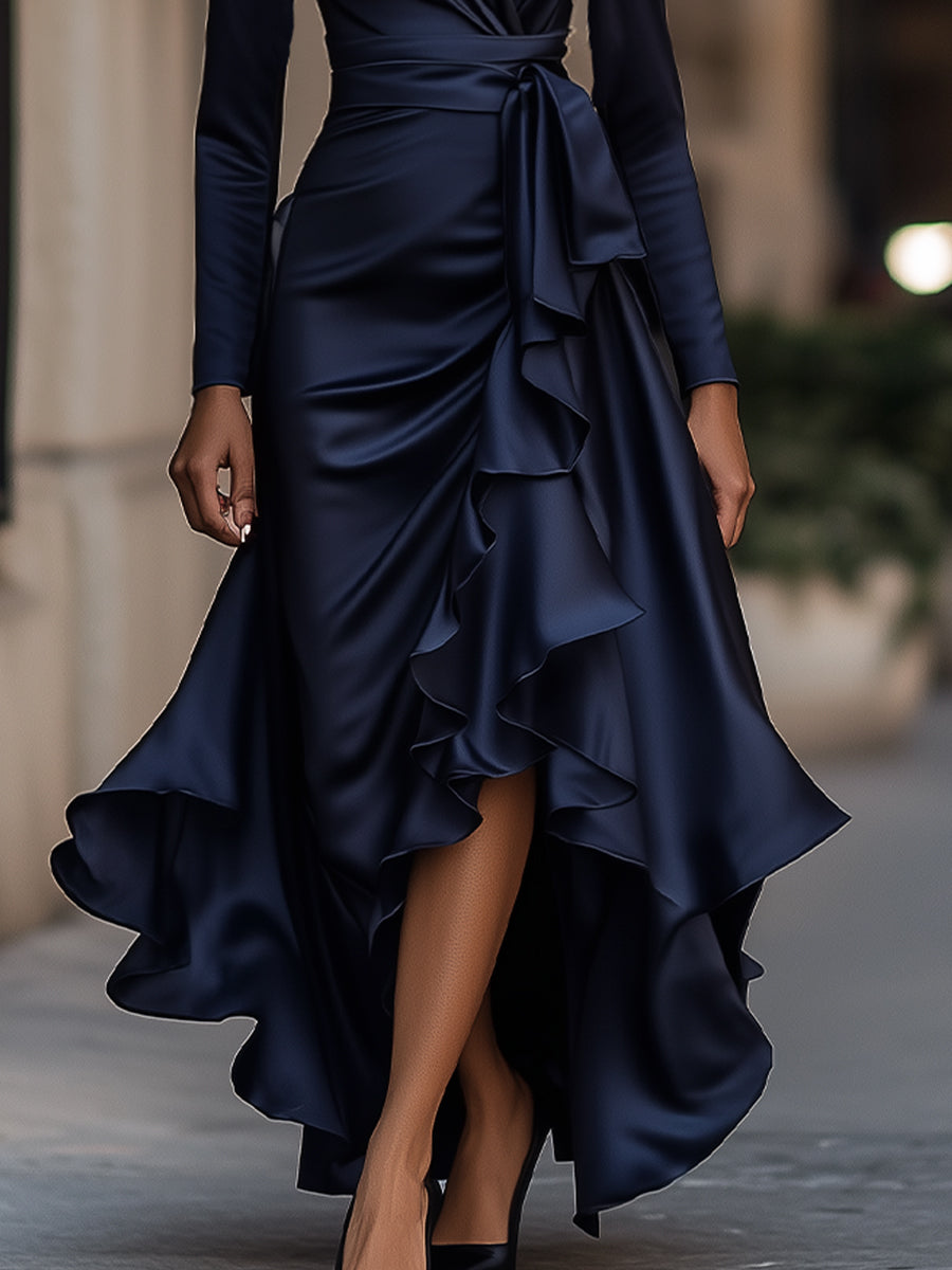 AliceLeon™ | Satin Maxi Dress with Ruffles