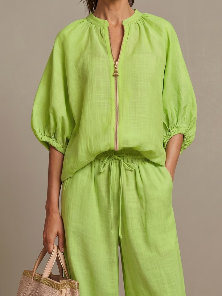 Natalia | Blouson Top with Zip and Wide Leg Pants