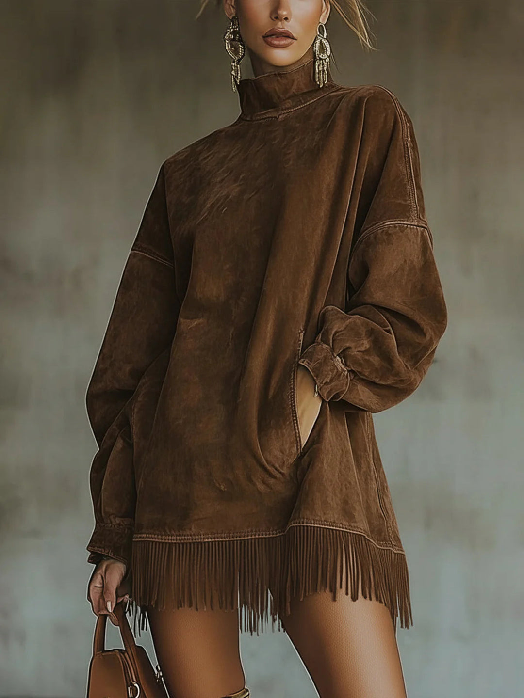 Amalia | High Collar Dress with Fringe