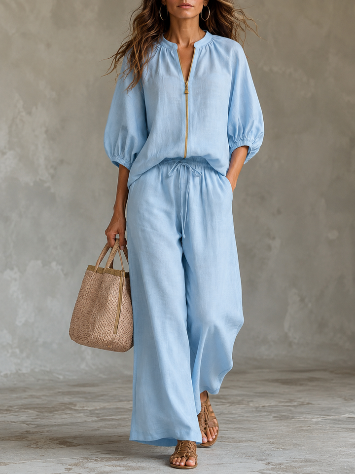Natalia | Blouson Top with Zip and Wide Leg Pants