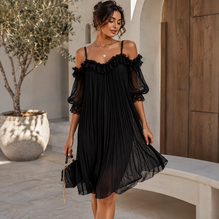 Margaret | Black Chiffon Mini Dress with Off-Shoulder Design and Lace Detail