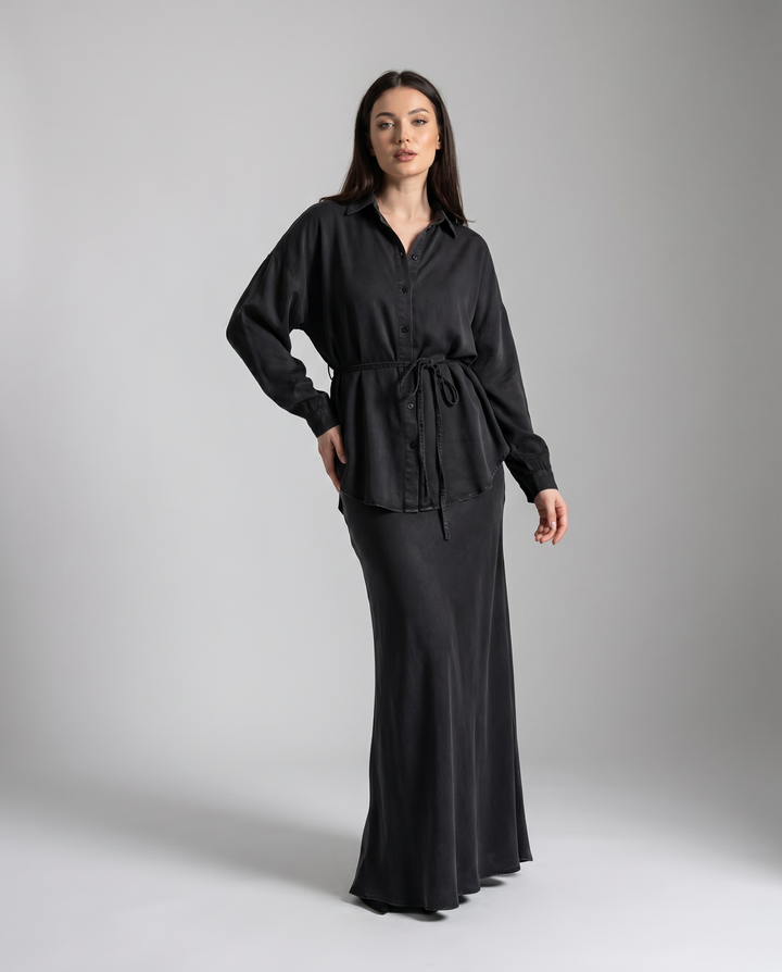 Long Sleeve Tie-Front Shirt and Skirt Two-Piece Set