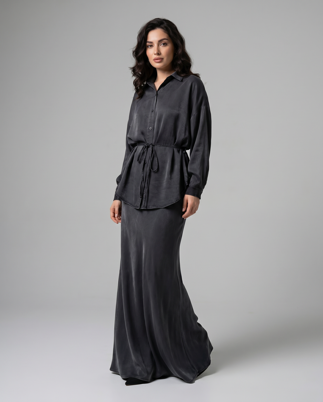 Long Sleeve Tie-Front Shirt and Skirt Two-Piece Set