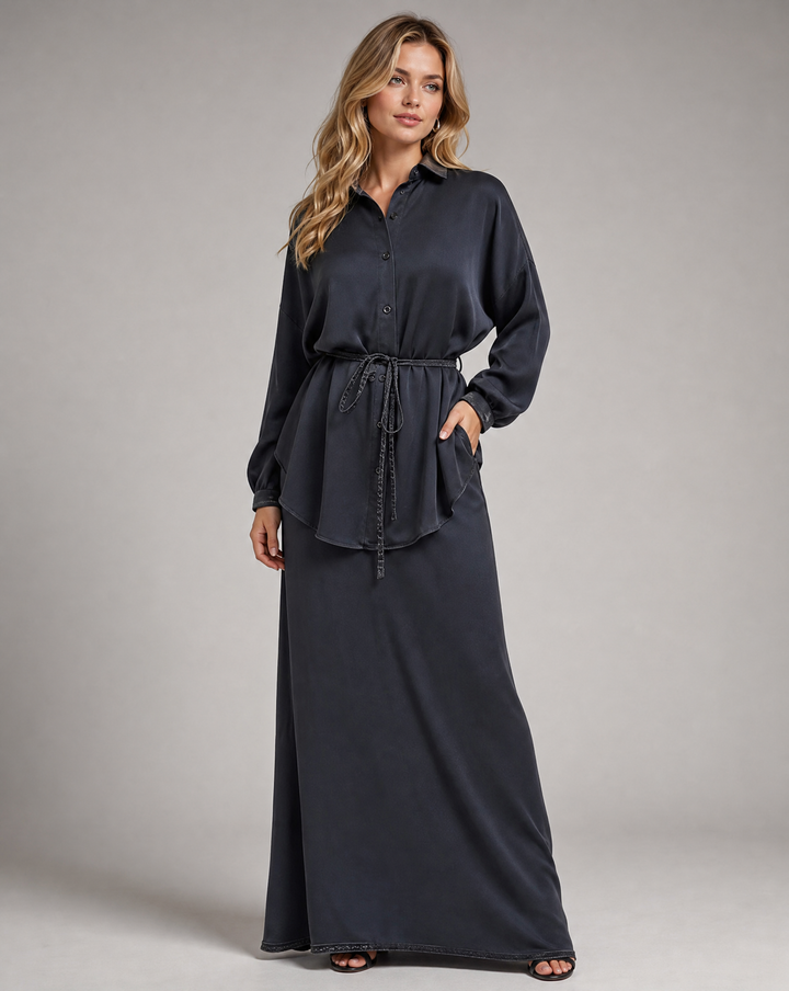 Long Sleeve Tie-Front Shirt and Skirt Two-Piece Set