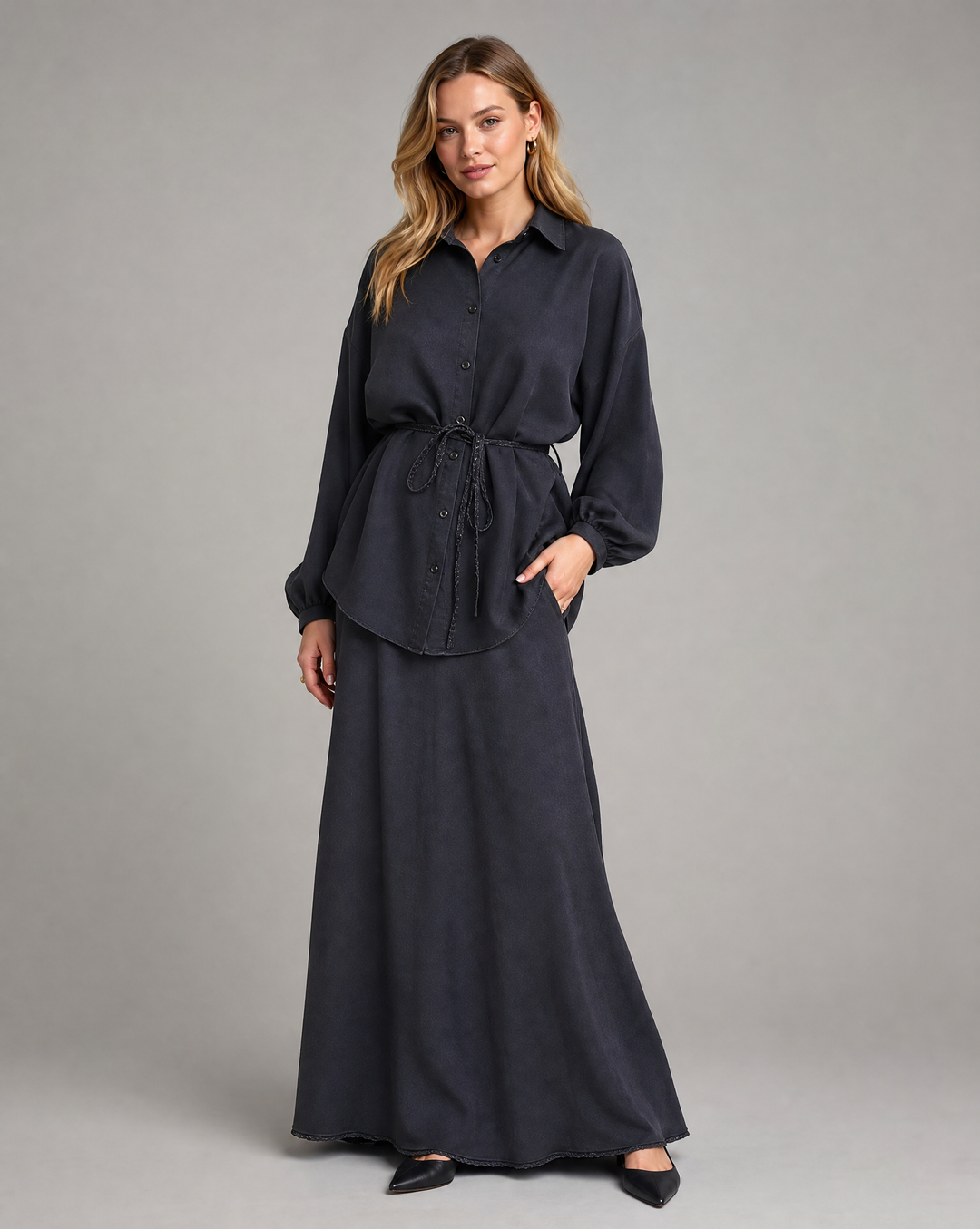 Long Sleeve Tie-Front Shirt and Skirt Two-Piece Set