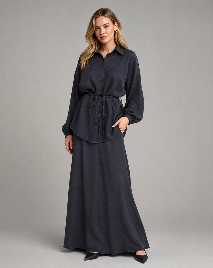 Long Sleeve Tie-Front Shirt and Skirt Two-Piece Set