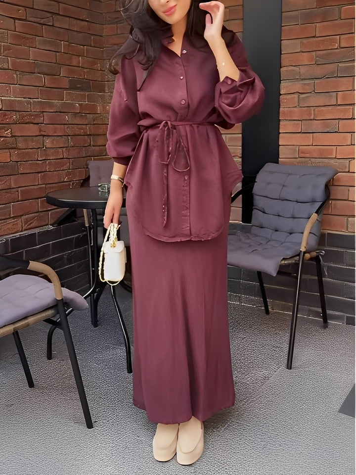 Long Sleeve Tie-Front Shirt and Skirt Two-Piece Set