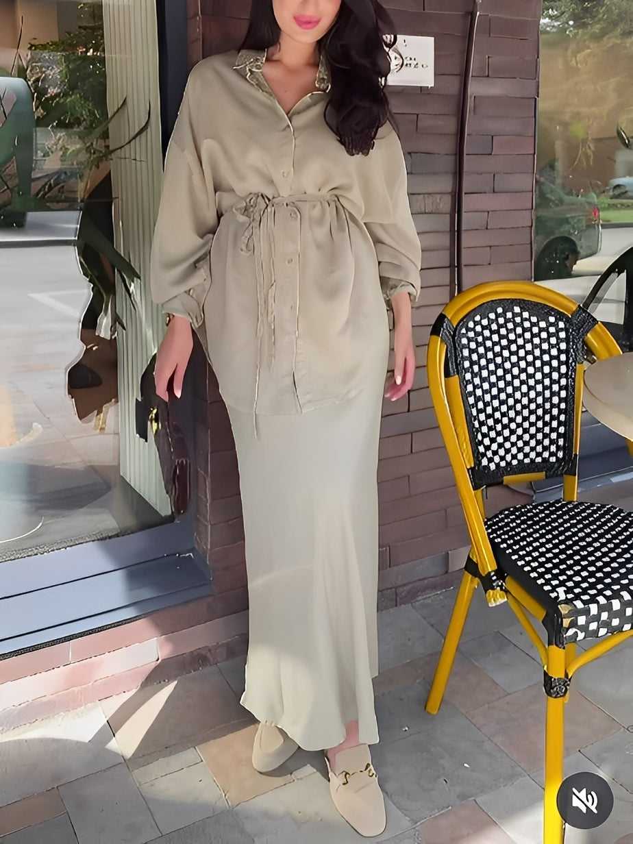 Long Sleeve Tie-Front Shirt and Skirt Two-Piece Set