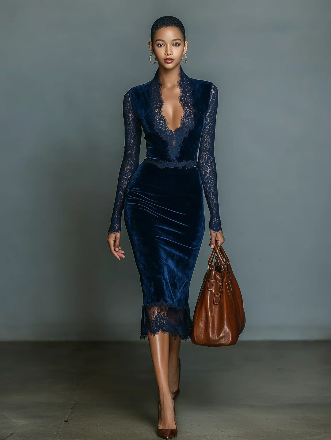 Ellie | Elegant & Fashionable Dark Blue Midi Dress for Women with V-Neckline and Lace Detail and Sleeves