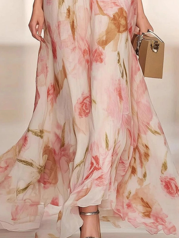 Floral Printed V-Neck Dress with Short Ruffled Sleeves